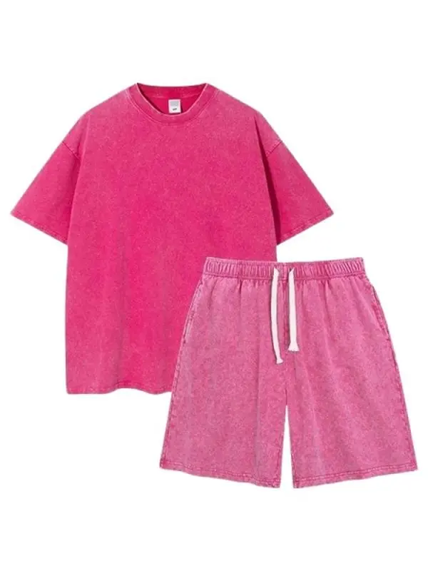 Men's 2-Pack Unisex 100% Cotton Vintage Acid Wash Clothing Set - Oversized Crew Neck Tee, Drawstring Knee Shorts, Casual Soft Summer Loungewear for Daily Street Wear