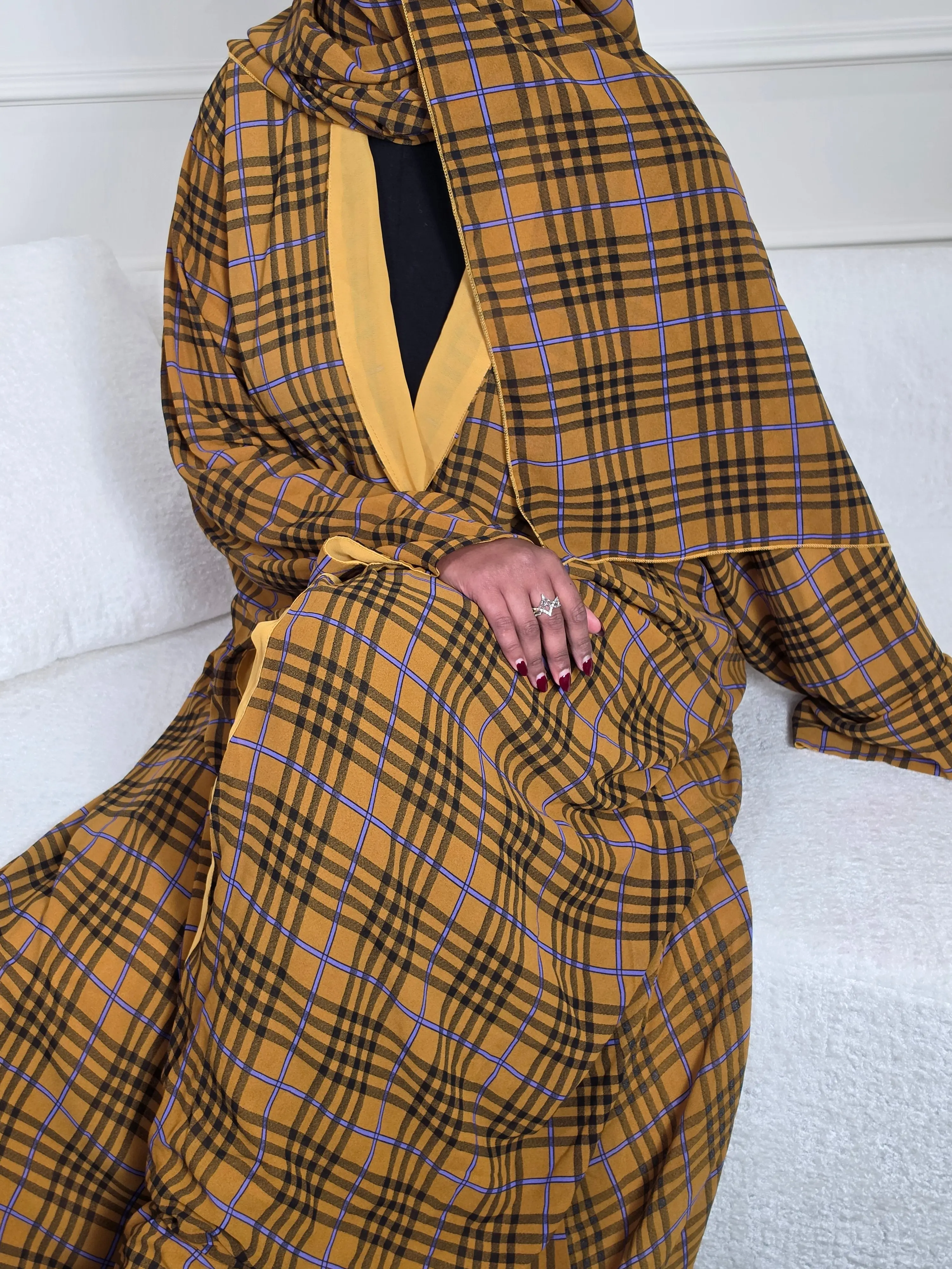 Saffron Grid Plaid Double Chiffon Open Abaya Set