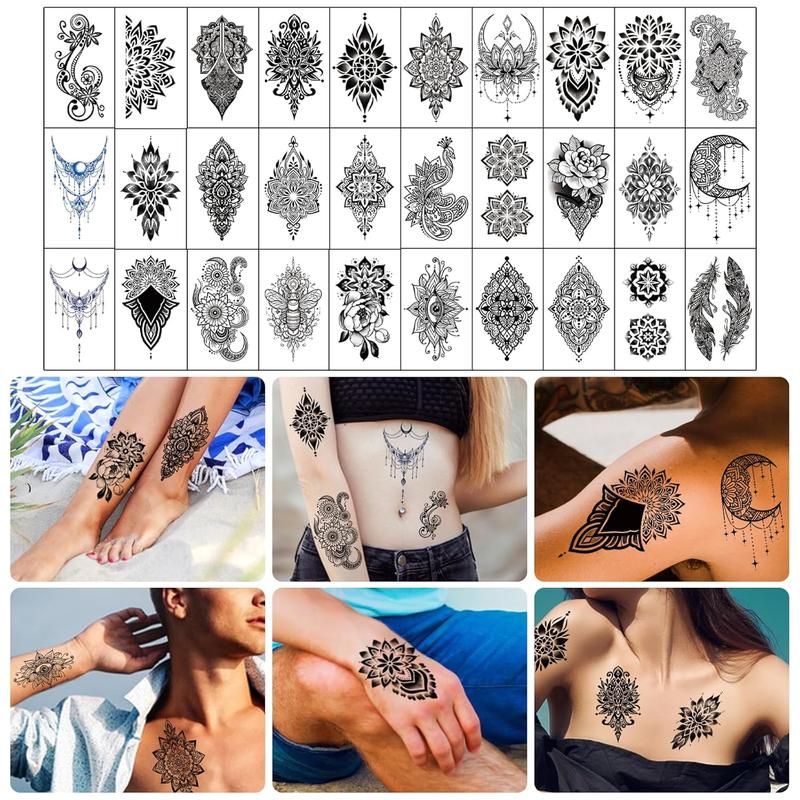 48 Waterproof Temporary Tattoos For Adult, Mandala Vintage Black Lotus Temporary Tattoos for Men Women, Mandala Full Arm Fake Tattoo Bohemia Flower Fake Arm Tattoos for Boys Girls