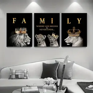 3pcs/set, Modern Abstract Lion Family Inspirational Quotes Wall Art Canvas Prints for Living Room Cuadros Decor Unframed, Modern Art Design