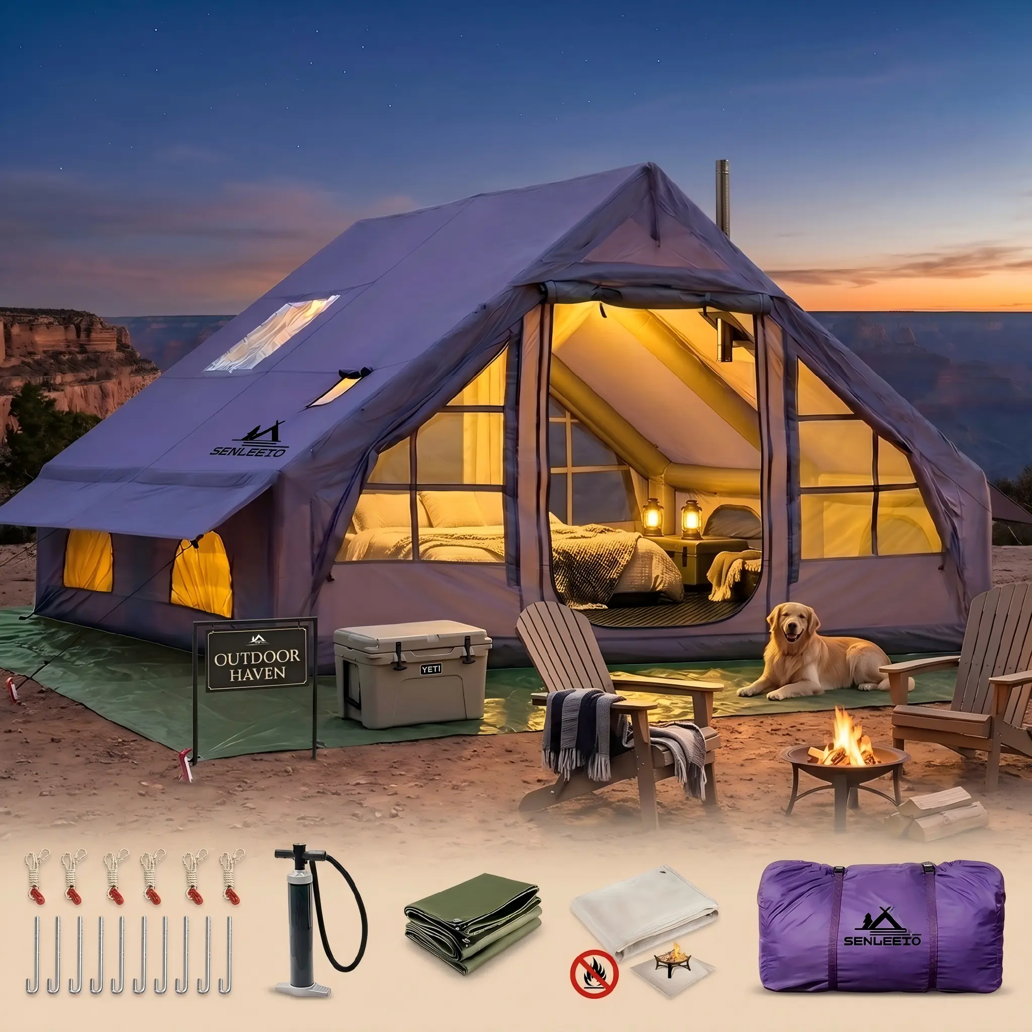 SENLEETO Inflatable Glamping Tent With Stove Jack & AC Port, Luxury 4 Season Air Tent, Water-Resistant Family Camping Shelter, Fast Setup Air Beam Cabin Tent
