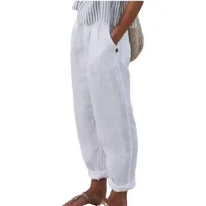 Women's Summer Casual Loose Cotton Linen Pants Elastic High Waist Wide Leg Beach Trousers with Pockets Plus Size