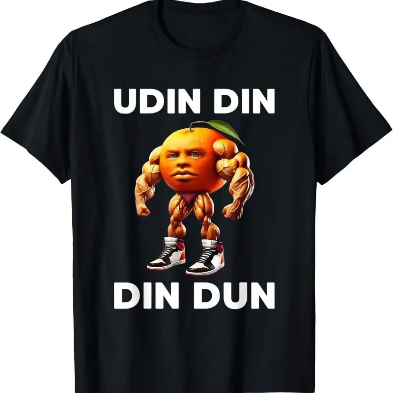 Unisex Udin Din Dun Meme T-Shirt, Casual Short Sleeve Cartoon Style Graphic Tee in 100% Cotton with Ribbed Collar