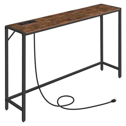 MAHANCRIS 43.3"l x 9.4"w x 29.1"h Rectangular Console Table with Power Station - Rustic Brown Wooden Tabletop, Minimalist, Narrow Space-Saving Profile, Triangular Support, Adjustable Feet, Living Room, Entryway Corridor Indoor Furniture