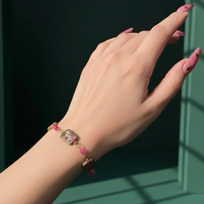 Cheetah Print Pink Pony Bracelet - Hand Sculpted and Painted Polymer Clay Charms