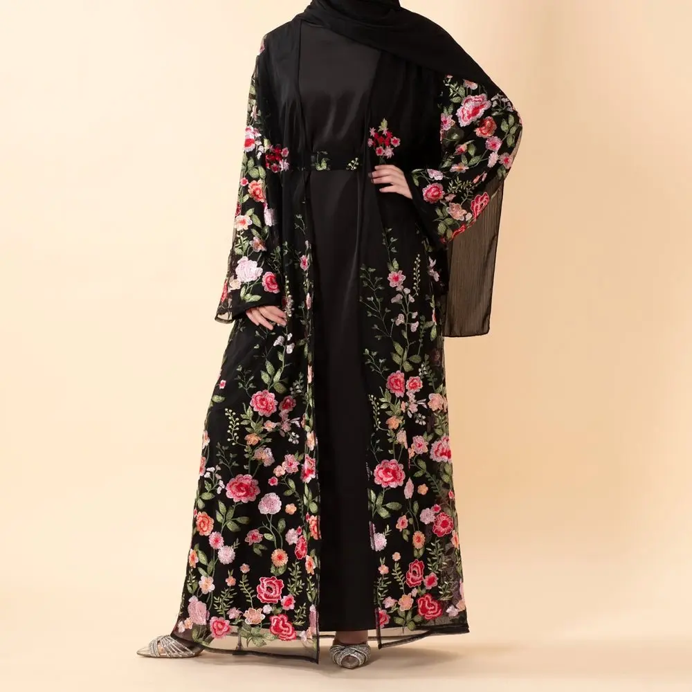 Women's Islamic Open Front Embroidery Abaya - 3D-Style Rose Garden Floral Embroidered, Modest Fashion Abaya (MOA275), Floral Abaya
