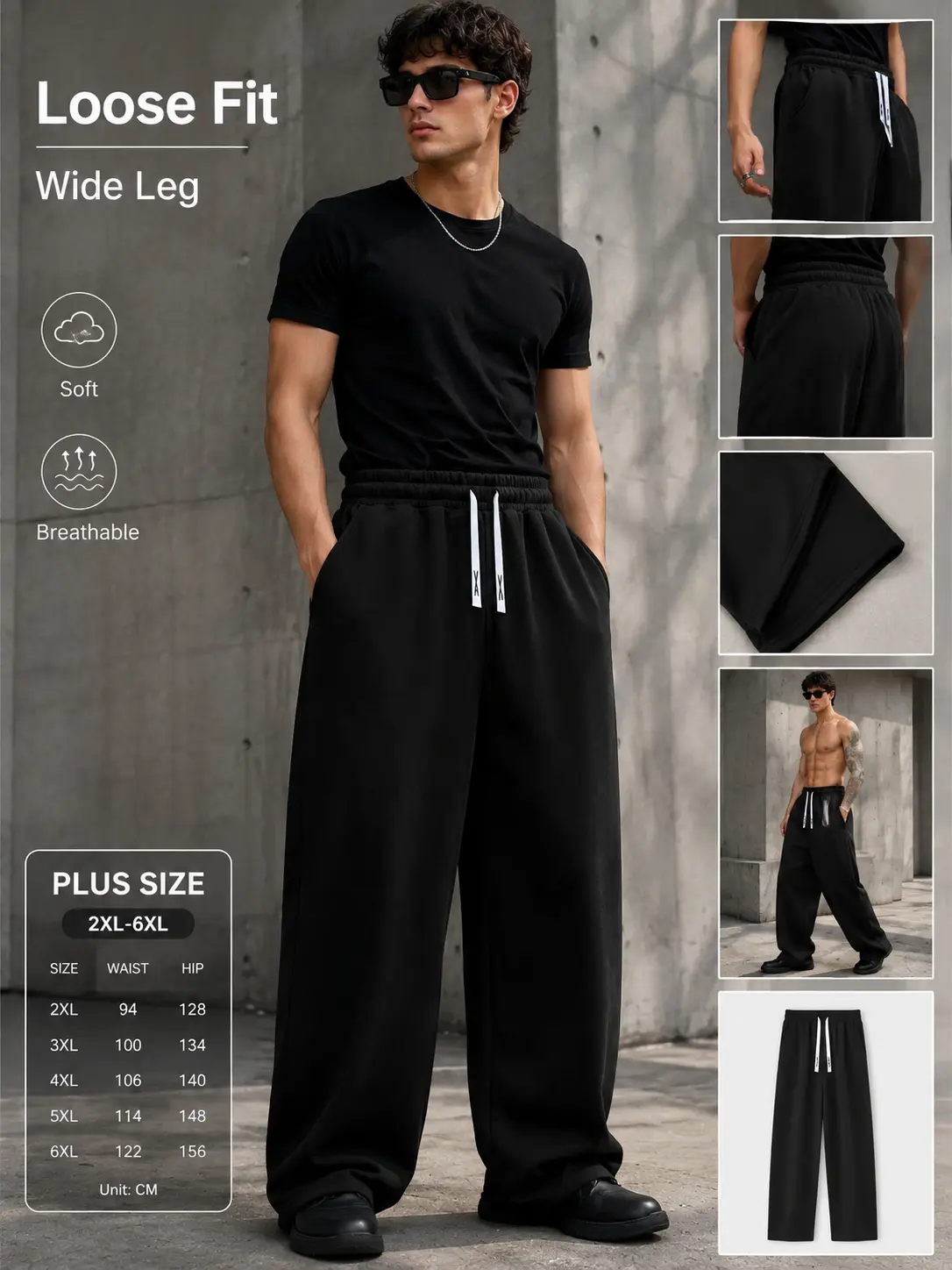 Men‘s Plus Size Gray Wide Leg Sweatpants Casual Joggers with Drawstring