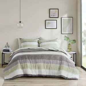 360 Stand Jaxon Stripe Microfiber Soft Bedding Set, King Size 92x104x1.5in Comforter with Bed Sheets, Green & Grey, Microfiber Bedding Set, Soft Bedding Sets