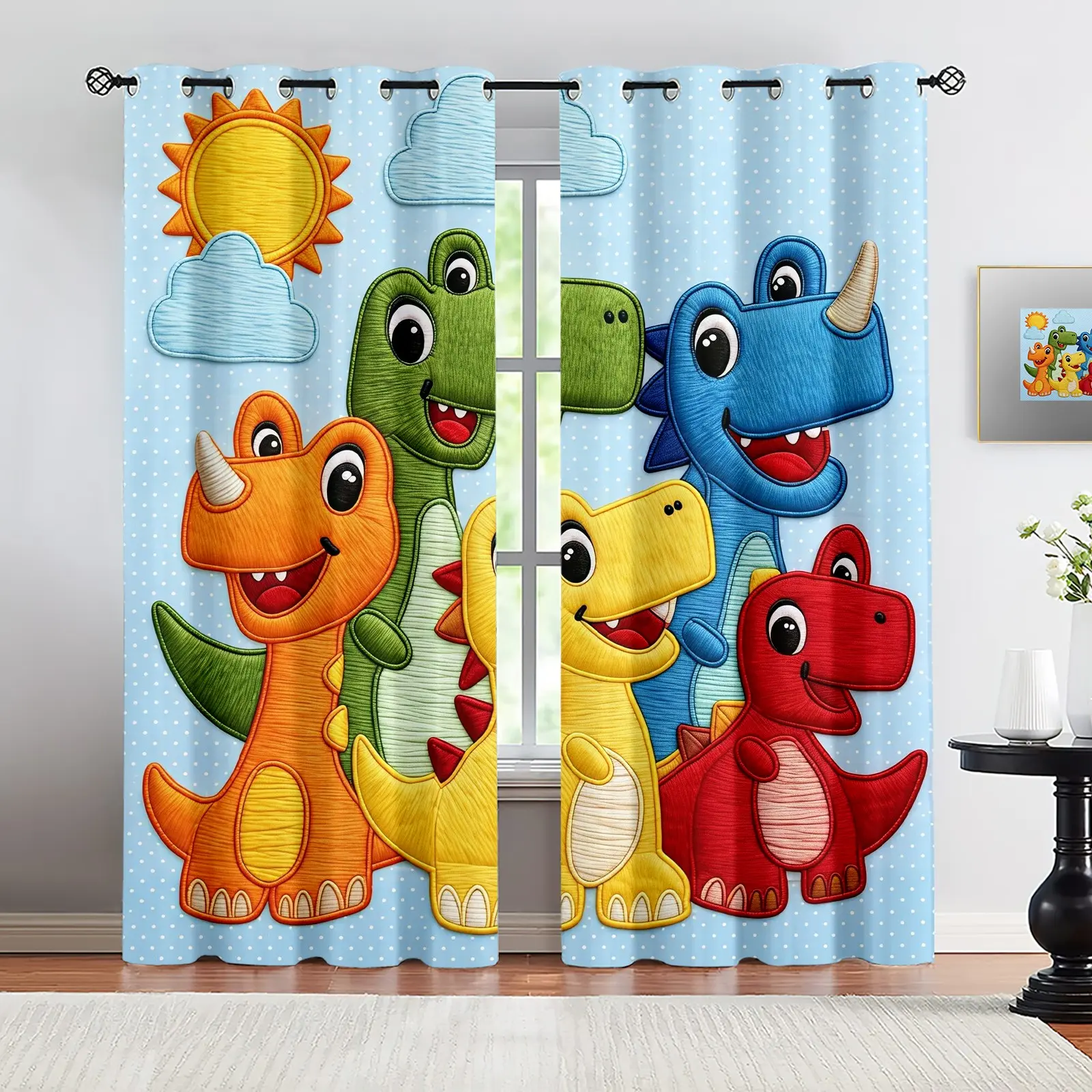 Cartoon Dinosaur Blackout Window Cover Curtains, 2 Panels Set, Privacy & Light Blocking, Ideal for Teens & Adults, Bedroom & Playroom Decor