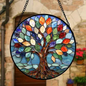 Colorful Glass Window Hanging, Life Tree Light Catcher, Blue Decorative Glass Board, Ornaments, Perfect for Birthdays, 7.87x5.91 Inches