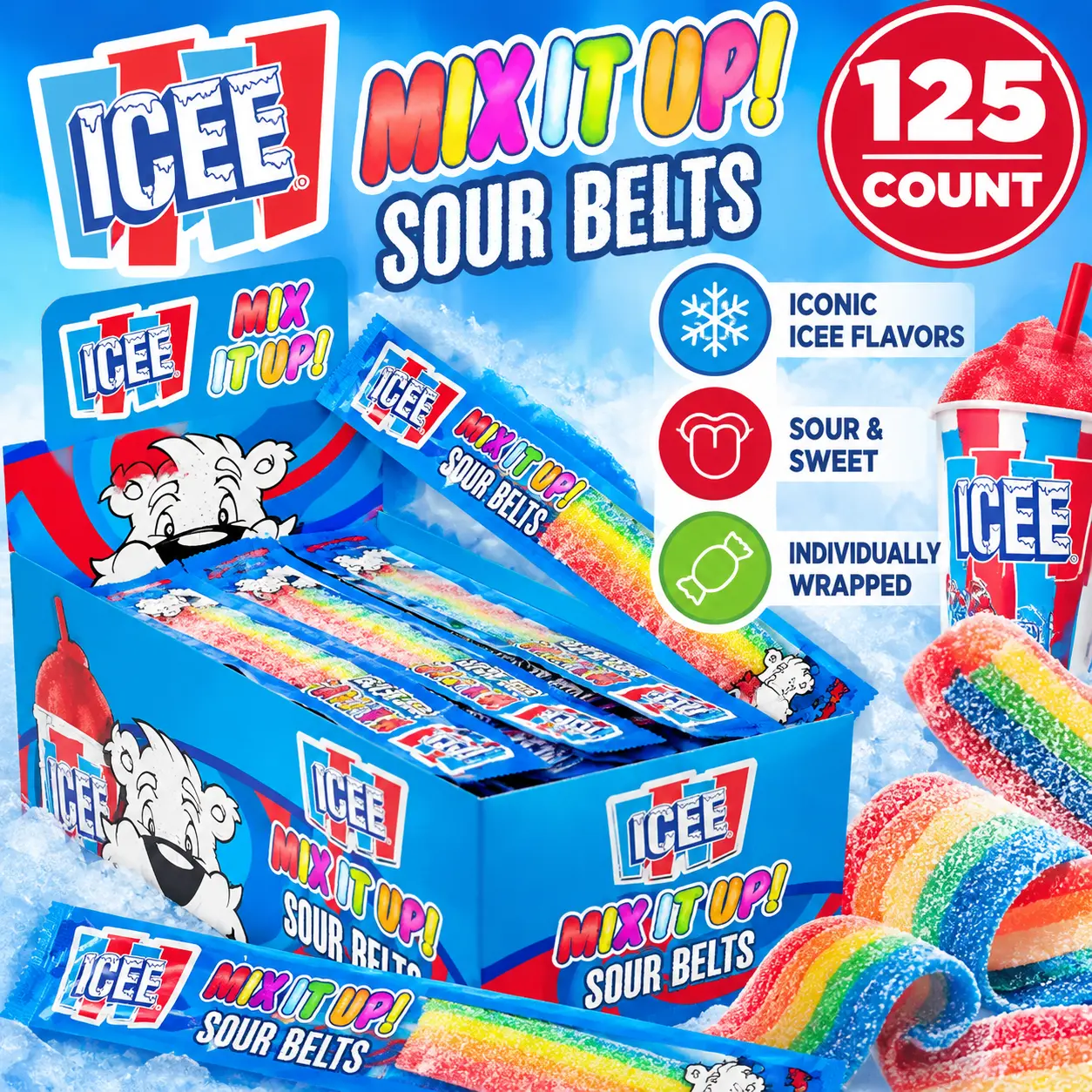 ICEE Wrapped Sour Belts Candy 125 Count Sweet and Sour Chewy Candy Strips