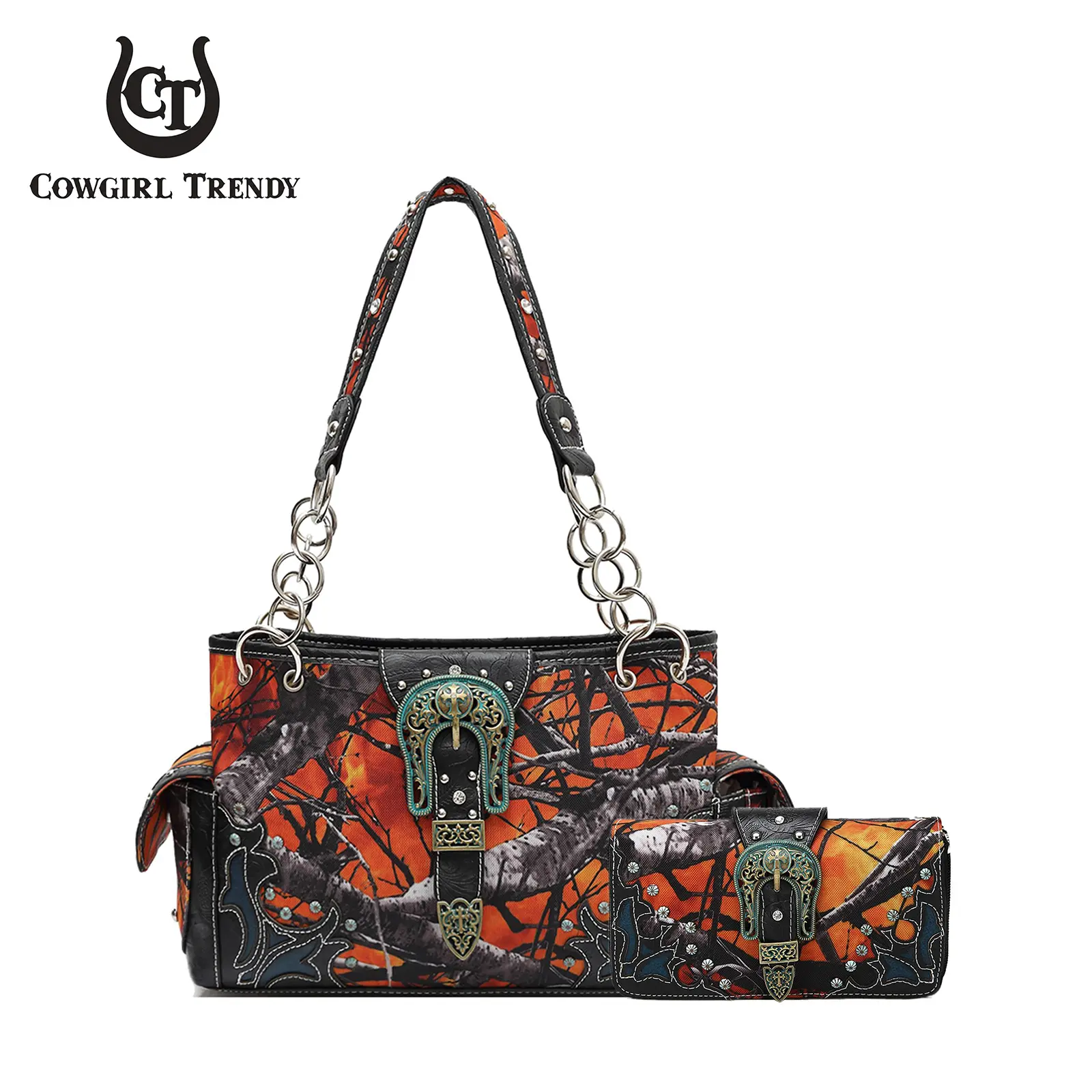 Western-style denim camouflage  with rhinestone embellishments, embossed buckle, floral design; women’s country vintage tote bag; shoulder bag; wallet set，bag, crossbody bags women handbags leather