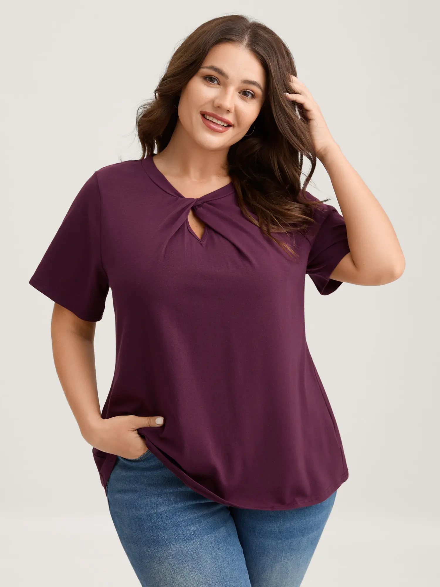 BloomChic Plus Size Tops, Casual Short Sleeve Tee with Round Neck and Twist Detail, High-Stretch Cotton for Affordable Fashion, Casual Style Tee, Shirts, Low Iron