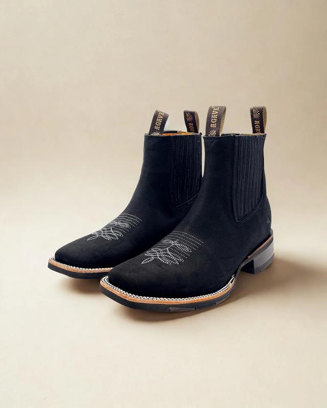 Handcrafted Men's Cowboy Ankle Boots/ Chelsea Boots Square toe/ Square Toe Half Boots Botines Vaqueros Charro Black