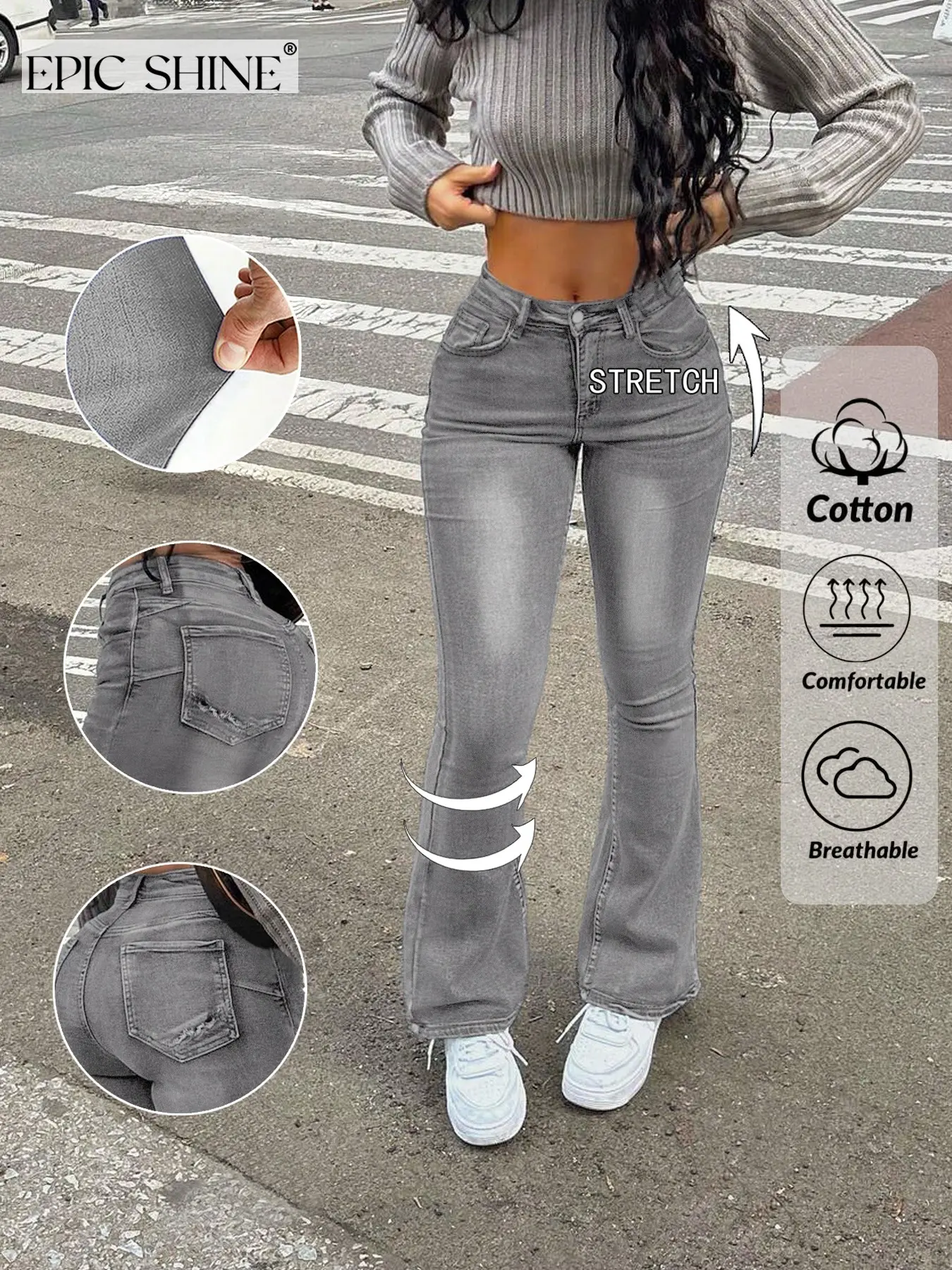 Women's High-Waisted Flare Denim Jeans, Stretchy Washed, American Street Style, Casual, Butt Lifting, Slimming, All-Season Fashion, Flare Leg Jeans