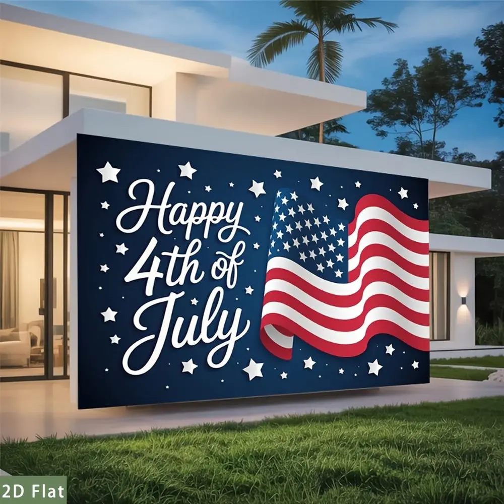 1PC,2D Flat Backdrop 4th of July Decorative Backdrop, American Independence Day Theme Party Decoration Banner, USA Flag & Stars Pattern Outdoor Wall Hanging for Patio Yard Holiday Decor