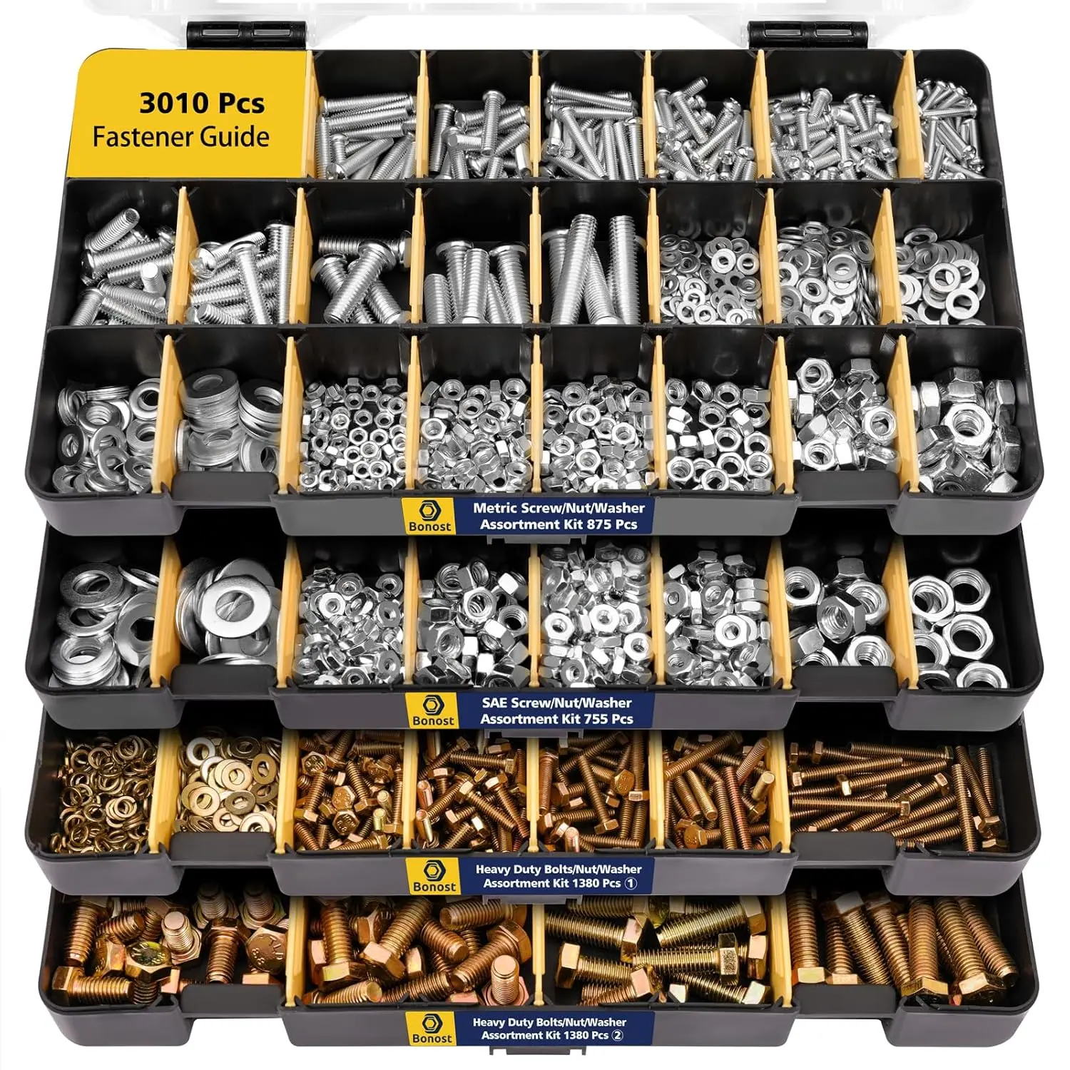 3010pcs Heavy Duty Bolting Hardware Assortment Kit - SAE & Metric Phillips Head Fasteners, Grade 8.8 Metric Hex Components, Matching Nuts & Lock Washers (4 Trays)