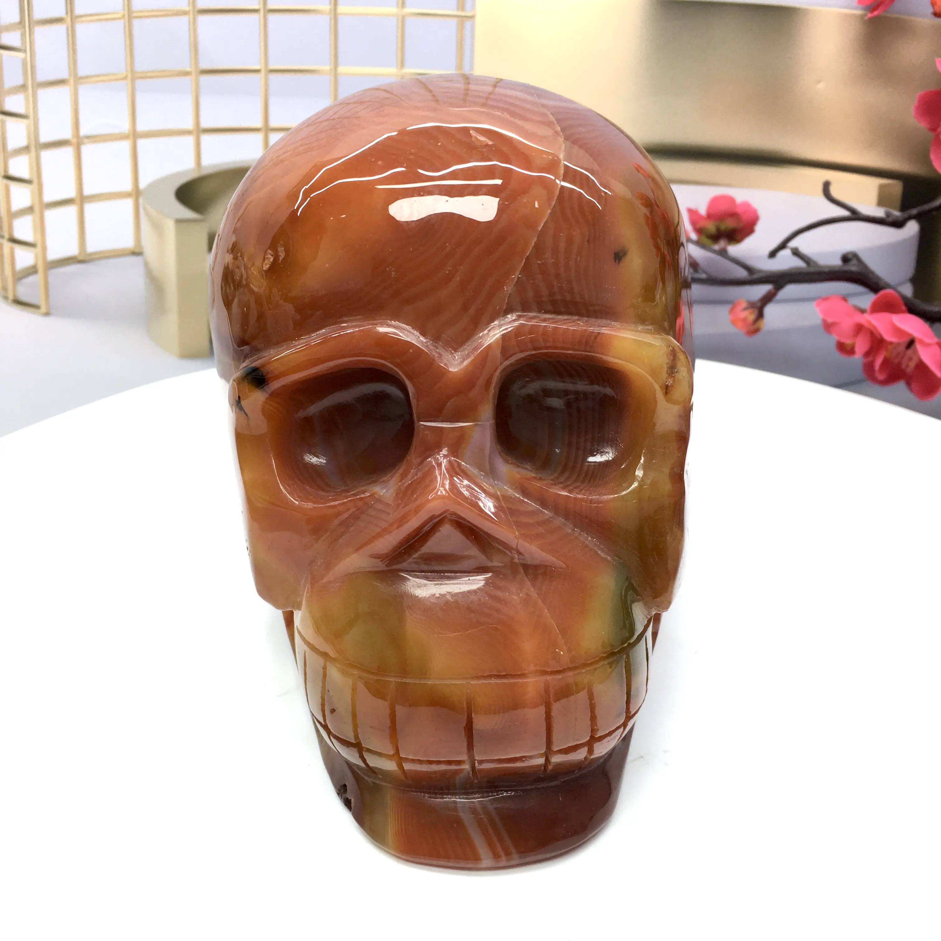 Large Hand-Carved Skull Figurine in Faux Carnelian, Decorative Sculpture and Home Desk Ornaments, 130mm x 140mm, Jewelry Accessories, Stone, 130 Mm*140 Mm
