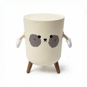 Cute Cartoon Dog Mini Desktop Trash Can with Lid, Kawaii Standing Decorative Waste Bin with Bow & Movable Hands, Small Matte Cream Garbage Basket for Vanity Dorm Bedroom Teen Girl Aesthetic Desk Decor Gift automatic Touchless Smart