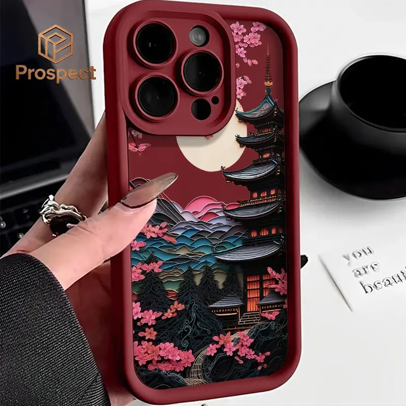 2D Japanese Pagoda Cherry Blossom Silver Shimmer Paper-Cut Smartphone Case - Protective Cellphone Accessory for iPhone 17 Pro Max,16,15,14,13 & Galaxy S25,S24,S23,S22,S21 PLUS/FE/Ultra,A33 - Handheld Moon-Themed Gift for Birthdays,Holidays