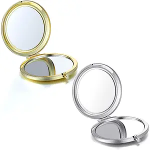 2 Pcs Small Compact Mirror for Purse,Compact Makeup Mirror for Pocket Purse Clutch,Metal Round Shell Double-Sided, Mini Portable Travel Makeup Handheld Mirrors for Men and Women(Gold,Sliver)
