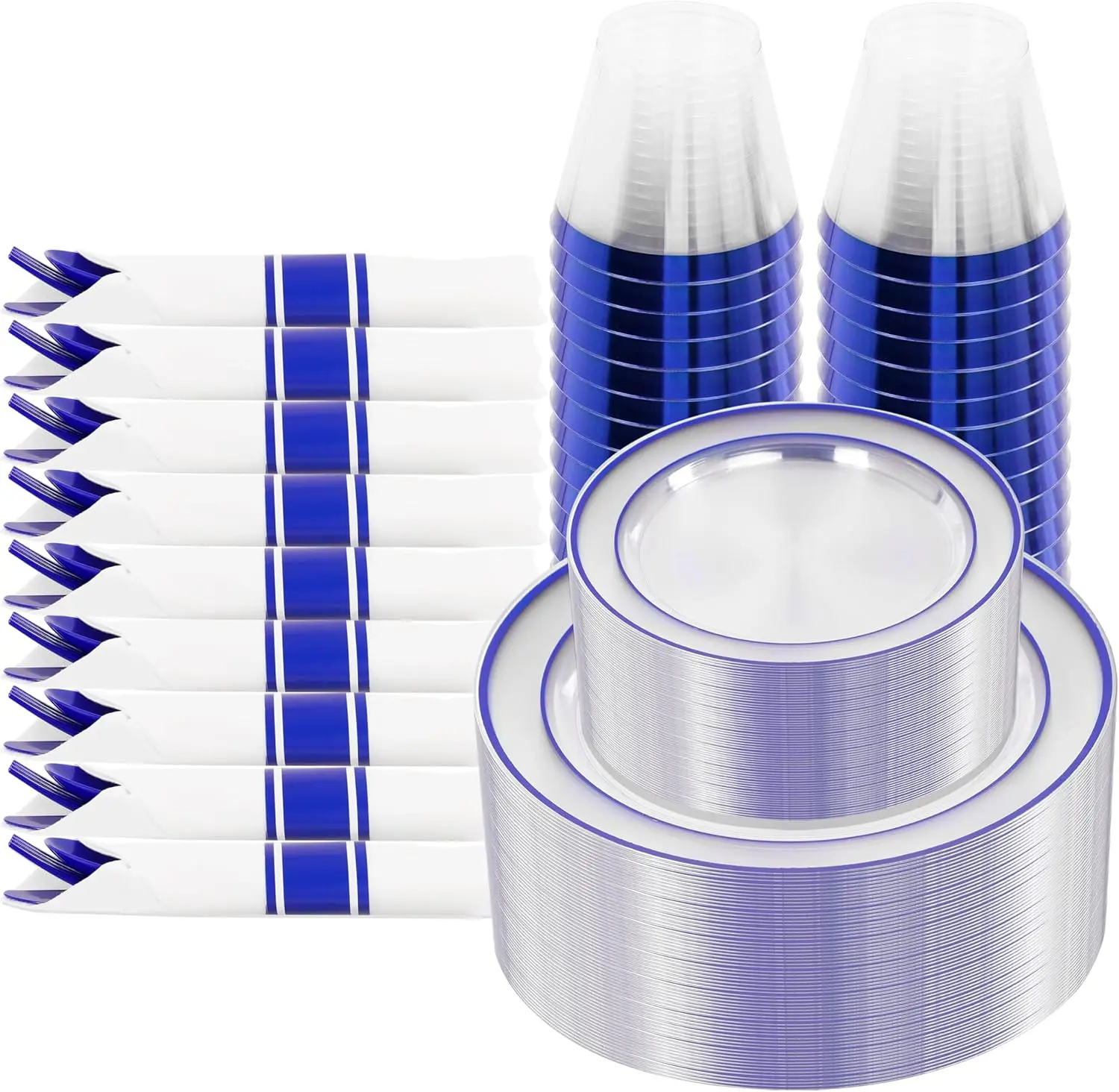 I00000 210 Pcs Blue Plastic Dinnerware Set for 30 Guests Include: 30 Dinner Clear Blue Plates, 30 Dessert Plastic Plates, 30 Pre Rolled Napkins with Cutlery Set, 30 Cups for Party, Graduation