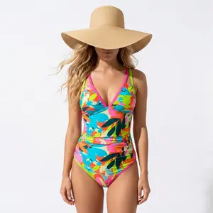 (Y2K VIBES)Flattering Tummy Control One-Piece Swimsuit | Ruched Waist & Vibrant Tropical Print，onepieceswimsuit，vacation swimwear for women，bathing suits for the summer，women's one piece，high waisted bikini sets