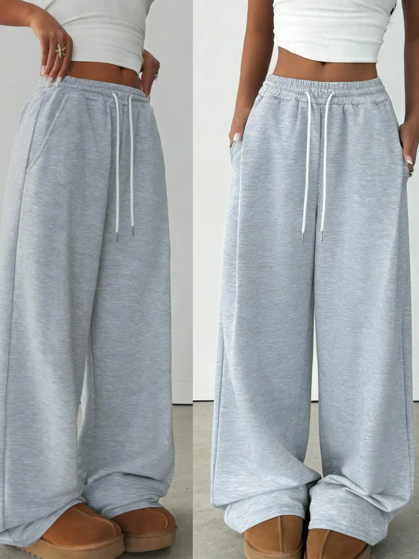 Women's Viral Basic Oversized Baggy Wide Leg Sweatpants with Pockets, Casual Stretch Waist, Casual Streetwear Loose Fit Trousers, Comfy Stretchy Adjustable Drawstring Bottom Pants For Daily Wear & Street Style #TikTokOOTD