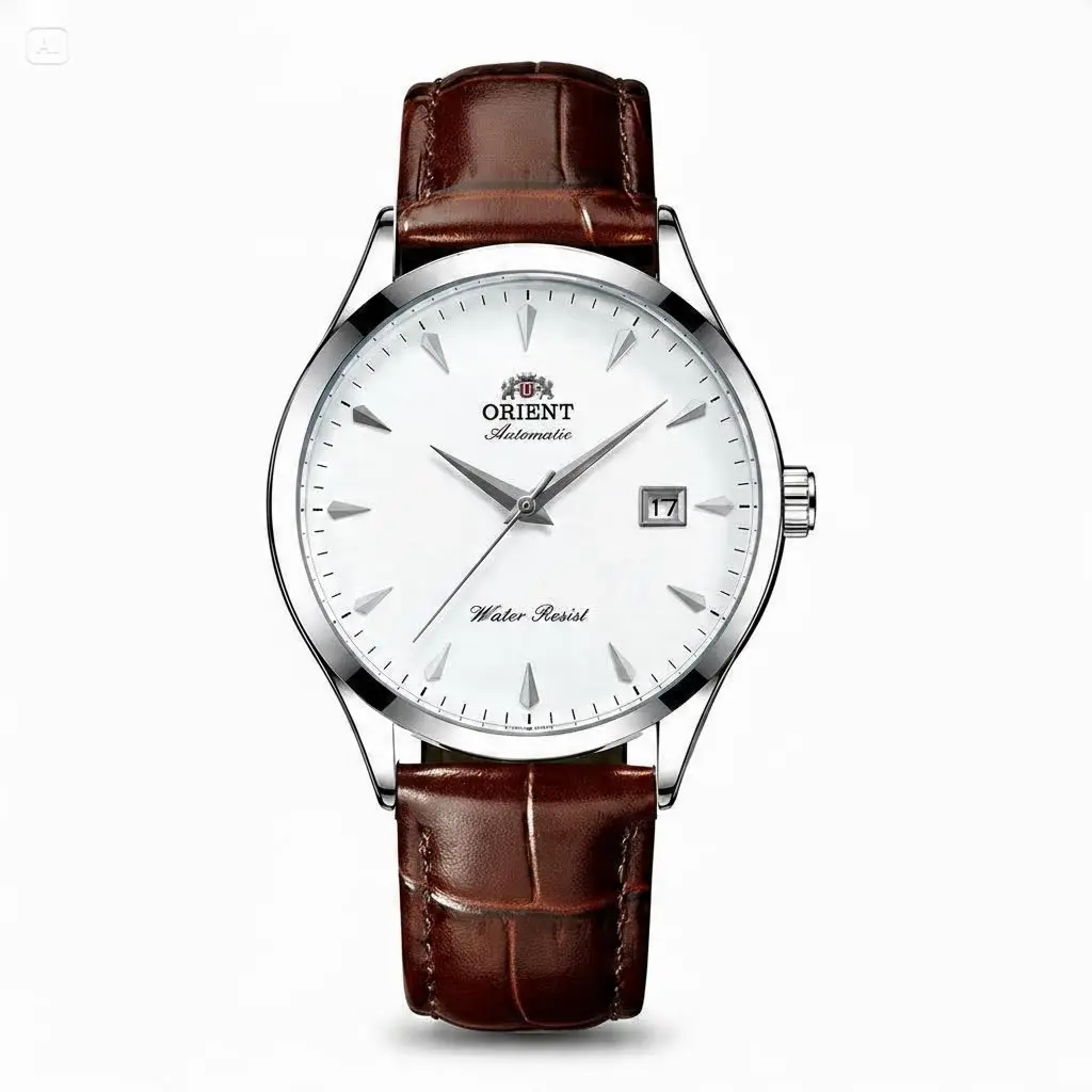 HorusTime Minimal Gentleman Automatic Wristwatch, Silver Polished Case Date Function, Leather & Metal Bracelet Multi Tone Dial Vintage Casual Formal Watch For Men