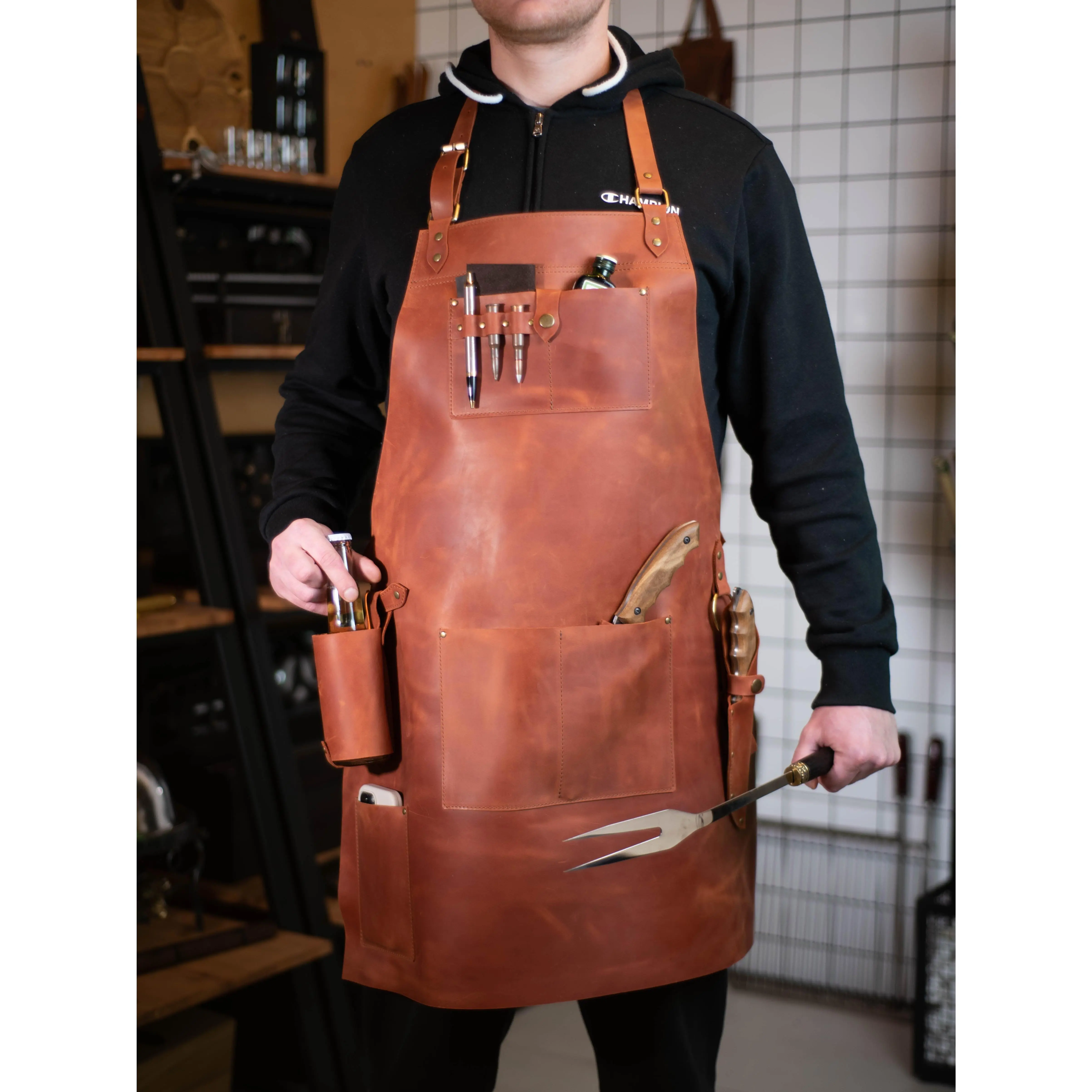 Crazy Horse Leather BBQ Apron with Utility Pockets