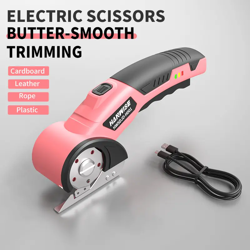 Hanwise Cordless Electric Scissors, USB Rechargeable with Safety Lock & LED Light, Pink/Yellow for Carpet, Leather, Fabric, Cardboard