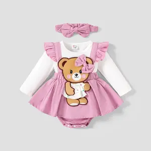 PatPat Baby Girls Clothes Bear Style Embroidered Romper with Headband
