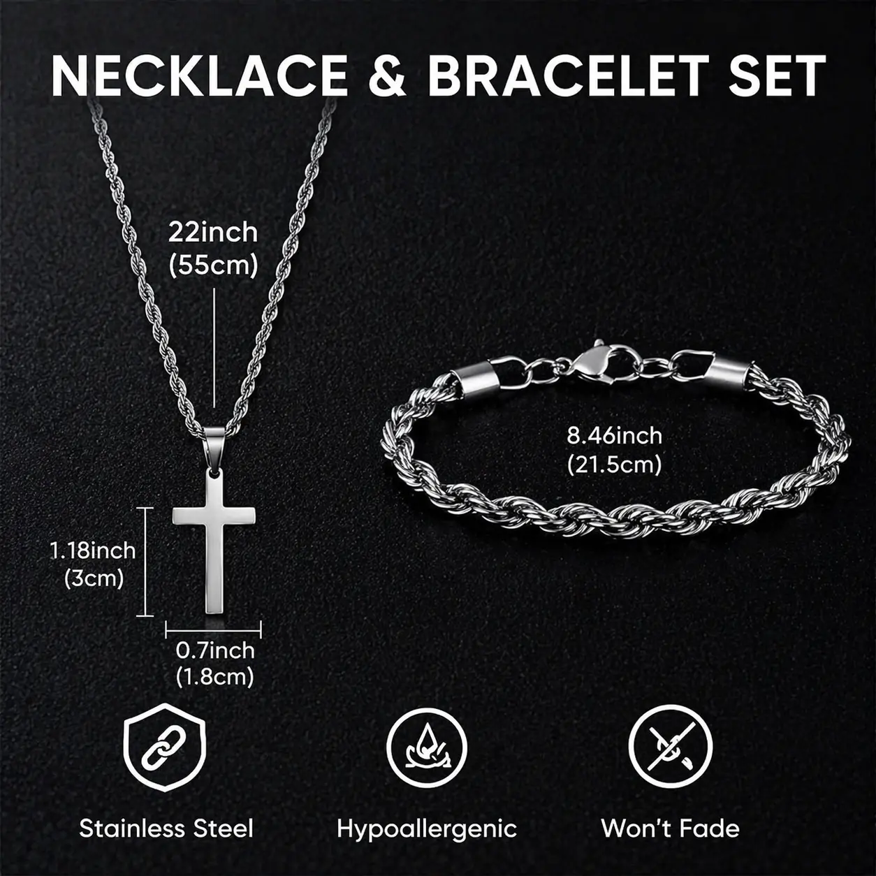 Men’s Stainless Steel Cross Necklace & Rope Chain Bracelet Set – Gold & Silver Christian Pendant Jewelry, Durable Tarnish Resistant, Gift for Him, Husband, Boyfriend, Faith Jewelry, Trendy Minimalist Style