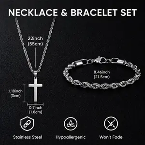 Men’s Stainless Steel Cross Necklace & Rope Chain Bracelet Set – Gold & Silver Christian Pendant Jewelry, Durable Tarnish Resistant, Gift for Him, Husband, Boyfriend, Faith Jewelry, Trendy Minimalist Style