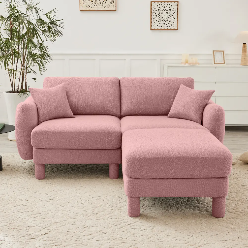 2-Seater Modern Boucle Fabric Sectional Loveseat Sofa Couch - Shell Arms, Removable Ottoman, Self-Fabric-Wrapped Cylindrical Legs, Sturdy, Durable, Assembly Required, Built for Relaxation, Pink - for Friends, Bedroom, Office