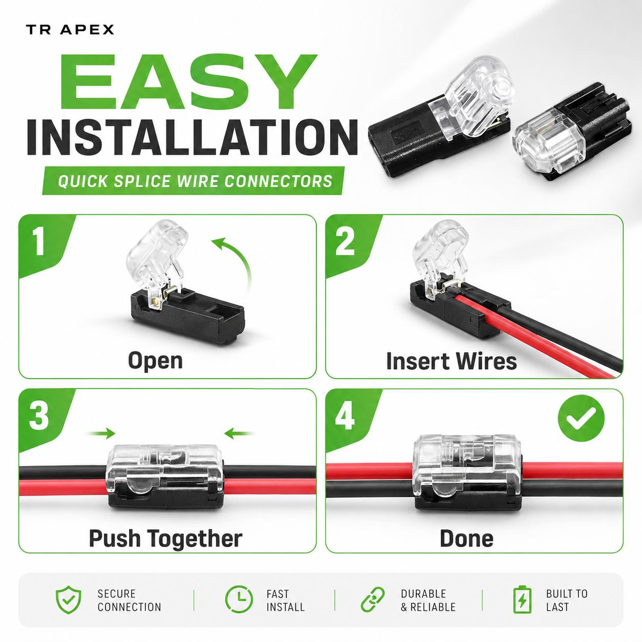 TR APEX 50PCS Quick Splice Wire Connectors with Bonus Wire Stripper, 2 Pin Low Voltage Fast Connect Plugs for LED Strip Lights, Car Wiring, Power Distribution & DIY Repairs TR APEX 50PCS Quick Splice Wire Connectors with Bonus Wire Stripper, 2 Pin Low Voltage Fast Connect Plugs for LED Strip Lights, Car Wiring, Power Distribution & DIY Repairs