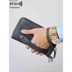 Men's Business Solid Color Rfid Protection Long Wallet, Fashionable Vintage Portable Casual Double Zipper Large Capacity Wallet, Multi-function Credit Card Holder Wallet, Vintage Style Wallet