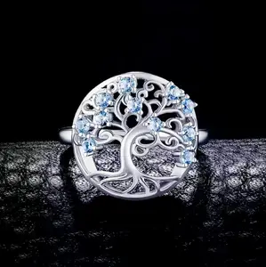 Rhodium 925 Sterling Silver Blue Spinel Tree Of Life Adjustable Ring (Size 5-8)