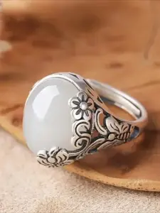 Vintage Geometric White Moonstone with Flower Ring for Women Fashion Elegant Open Adjustable Ring Festival Jewellery Accessories Unique Rings Statement Rings Jewelry Ring