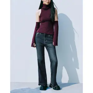 URBAN REVIVO [SALES] 2026 Spring New Skinny Women's Fabric Sweater - Burgundy, Elegant Turtleneck, Cold Shoulder, Detachable Sleeves, Ribbed, Basic Casual Sleeveless Tank UWV940002 Womenswear