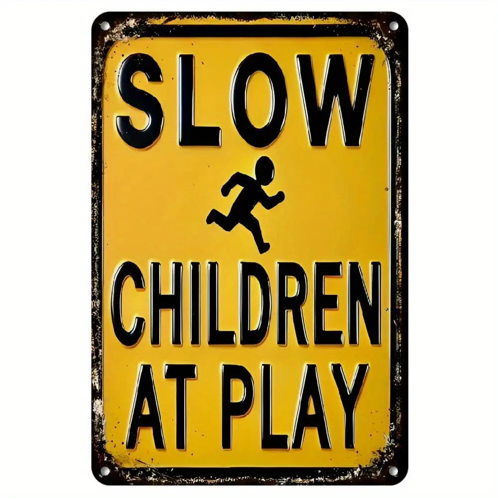 [1pc Vintage Aluminum Sign] 1pc Vintage Aluminum Slow at Play Sign |   8x12 Inch Rustic Outdoor/Indoor Wall Decor with Pre-Drilled Holes, No Electricity Needed, Yellow & Black Safety Sign for Yard, Room, or Community Street, Playground
