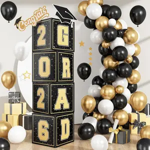 2026 Graduation Decorations, 4Pcs Graduation Boxes, So Proud of You and Class of 2026 Grad Balloon Boxes, Black Gold Congrats Box for College, High School, Prom Party Supplies