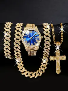 Luxury Rhinestone Quartz Watch Set, Includes Bracelet and Necklace, Stainless Steel Band, Calendar Function, Unisex, Birthday Gift, Fashion Watch Set
