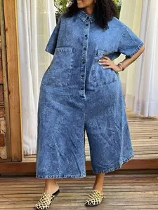 Women's Washed Denim Jumpsuit - Shirt Collar Short Sleeve Button Front Wide Leg Ankle Pants With Pocket| Casual Fit For Daily Casual, Beach Vacation, Summer Outing & Resort Styling For  Looks