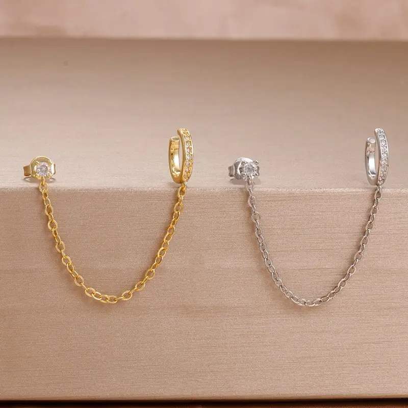 Plated Chain Earrings for Women - Double Piercing Dangle Chain Huggie Hoop Earrings - Cubic Zirconia Single Stud Ear Cuff Earrings for Women classic earring