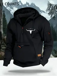 Autumn Winter Design Zipper Thick Pockets Hoodie, Athletic Hoodies, Cow Head Star Chest Pattern, Side Tag Patch, Casual Loose Fit Sportswear, Athletic Sweatshirt, Casual Sports Style