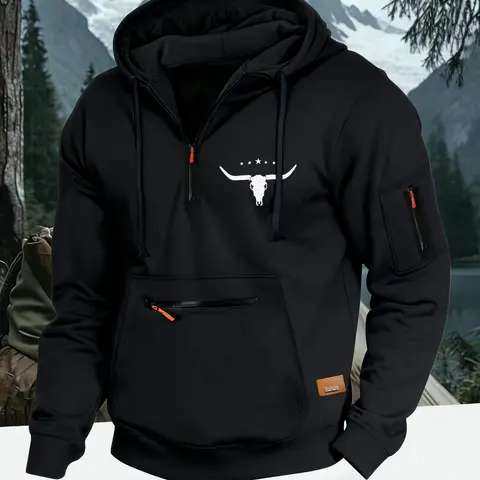 Autumn Winter Design Zipper Thick Hoodie, Cow Head Star Chest Pattern, Side Tag Patch, Casual Loose Fit Sportswear