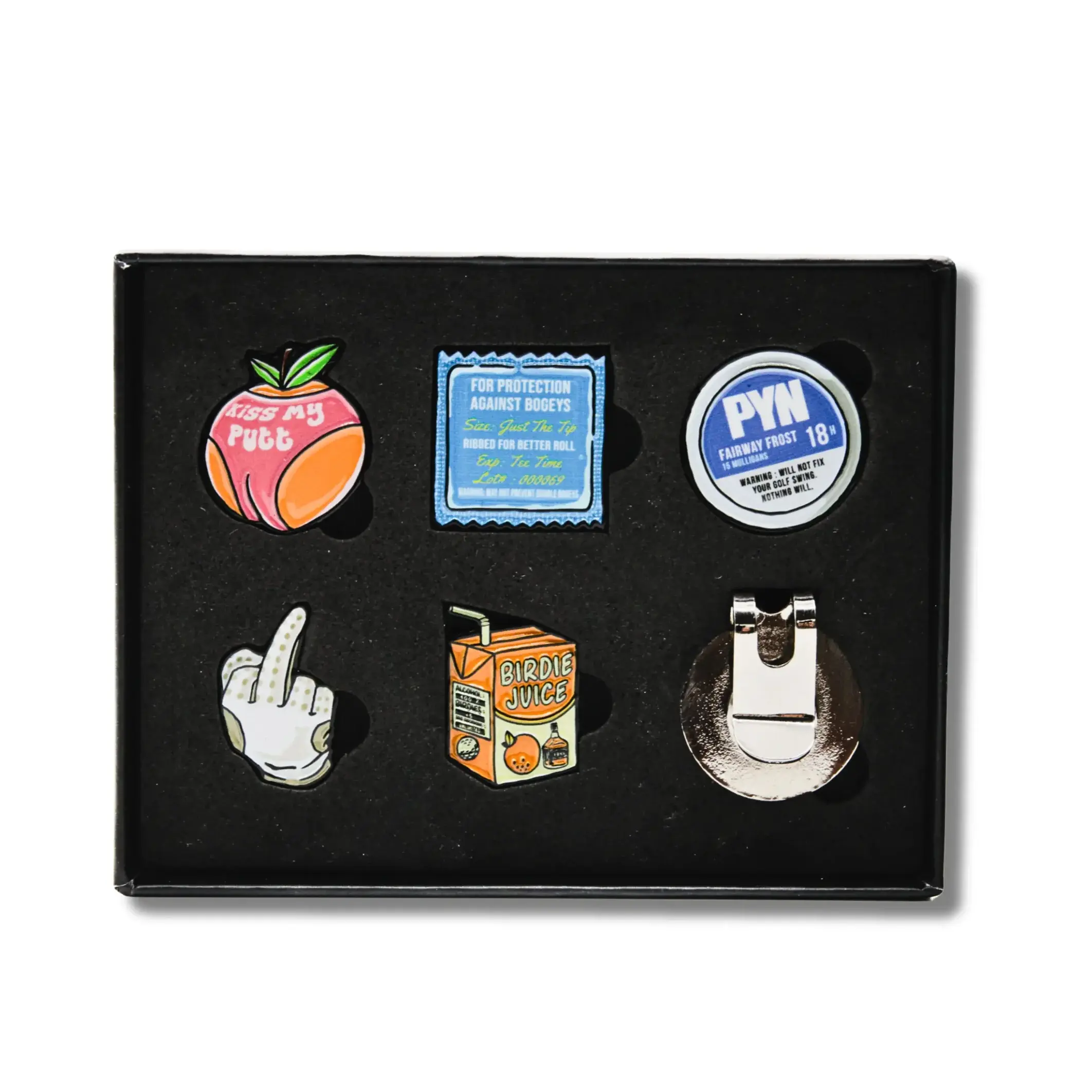 Golf Ball Marker Set - 5 Magnetic Golf Ball Markers with Hat Clip (Explicit)
