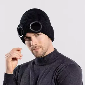 Unisex Solid Color Goggle Lens Design Beanie Hat - Casual Soft Comfortable Beanie for Fall & Winter, Fashion Accessories for Both Men & Women, Machine Washable Style Trendy SpringStatements Headwear