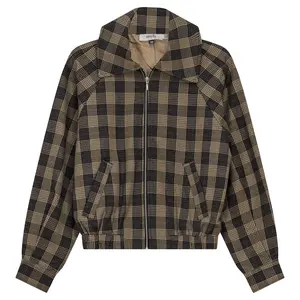 Croped Checkered Bomber Jacket - Long Sleeve, Polyester, Zipper, Pockets, Coats, Women's Wears